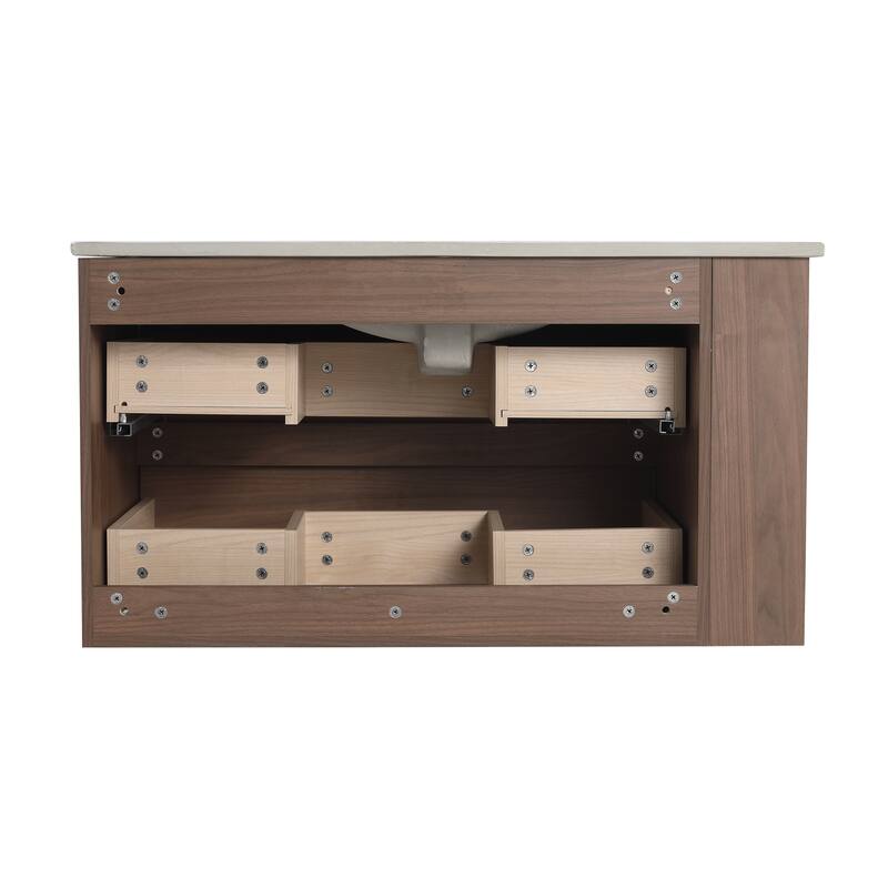 36" Wall-Mounted Bathroom Vanity, Double Soft-Close Drawers, Adjustable Side Rack, 45° Bevelled Invisible Handle