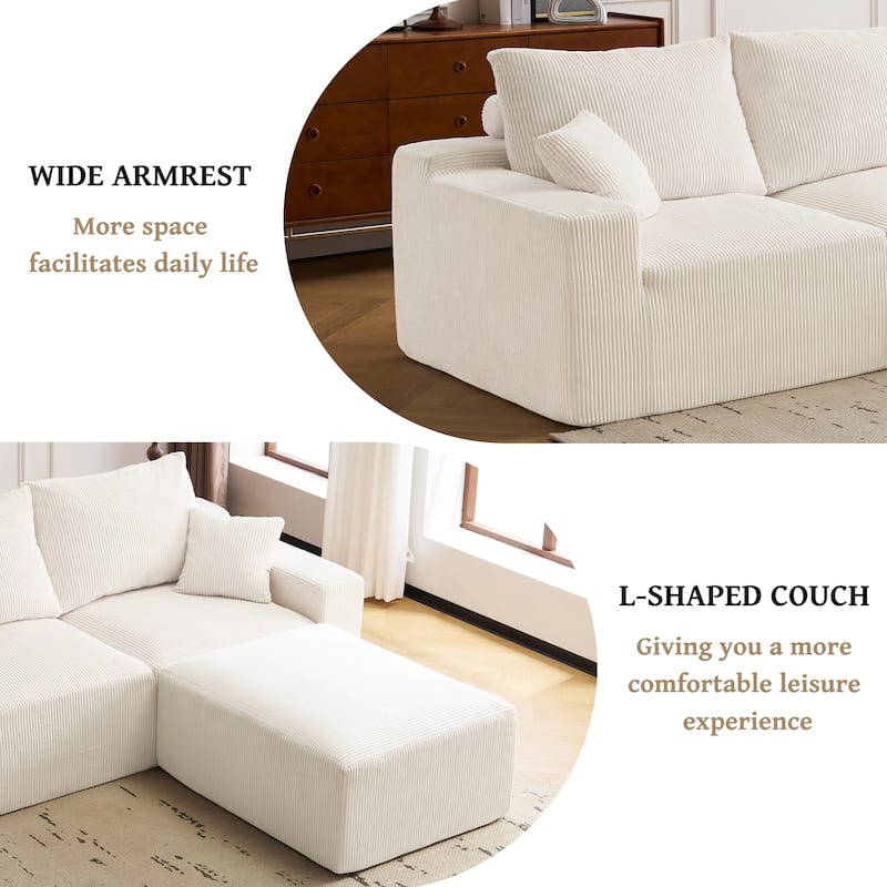 110" Full-Compression Corduroy Ultra-Soft Deep Seat 3-Seater Sectional Sofa for Living Room