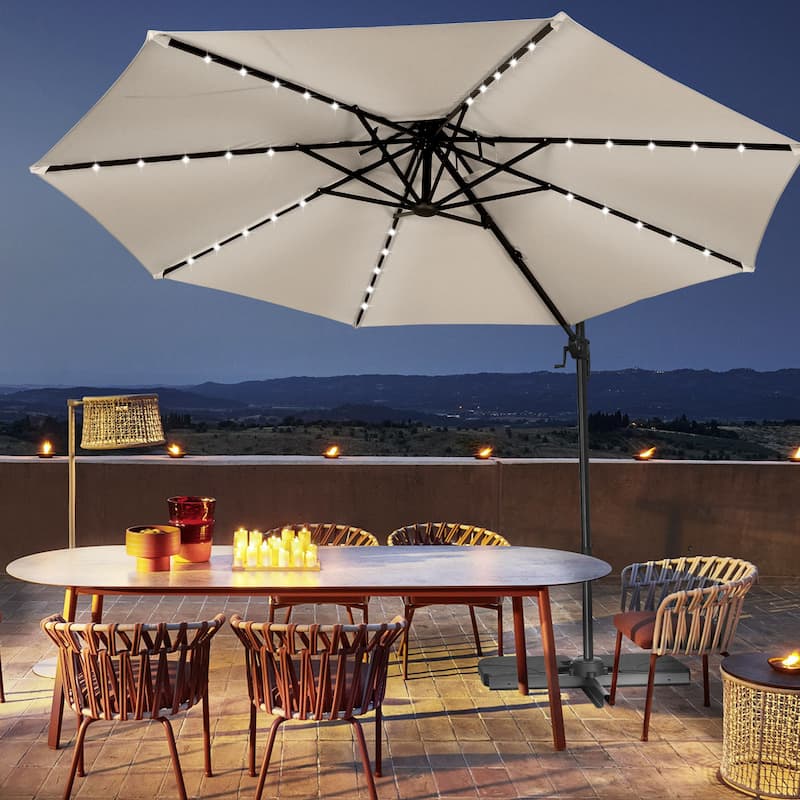 Autlaycil 10FT Cantilever Patio Umbrella with Solar Lights Included Base 360 Rotation Large Offset Hanging Outdoor Shade - White
