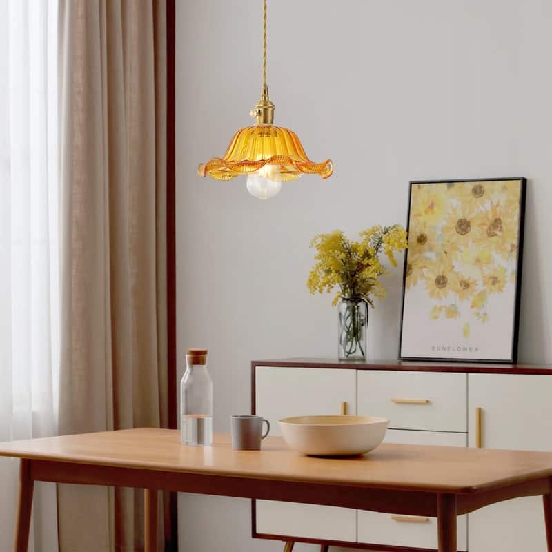Modern 1Light Pendant with Amber Glass Shade and Brass Finish