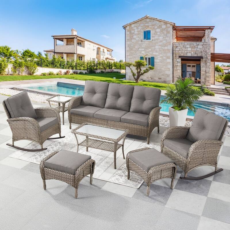 Patio Outdoor Sofa & Rocking Chair & Ottomans & Table - Grey - Grey