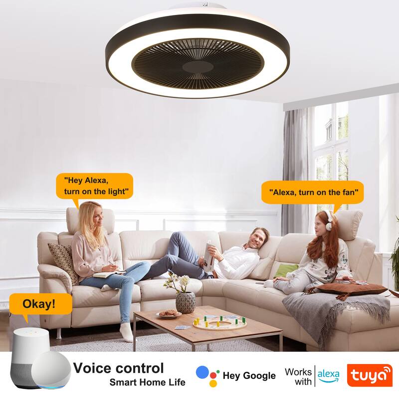 Cusp Barn 19" Modern Low Profile Flush Mount Ceiling Fans with Lights, Smart RGB Ceiling Fan with Alexa/Tuya APP/Voice Control