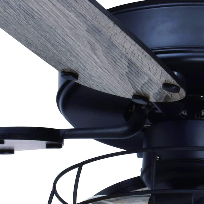 Reed 48-in. Matte Black Farmhouse Ceiling Fan with LED Cage Light Kit and Pull Chains - 48-in W x 20-in H x 48-in D