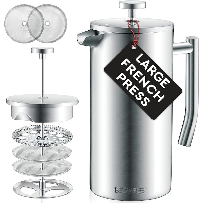 French Press Coffee Maker – Insulated Coffee Press Stainless Steel 304 – Coffee Spoon, Double Wall, & 4 Level Filtration System - Silver - 50oz