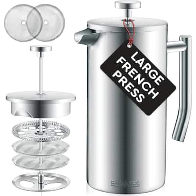 French Press Coffee Maker – Insulated Coffee Press Stainless Steel 304 – Coffee Spoon, Double Wall, & 4 Level Filtration System