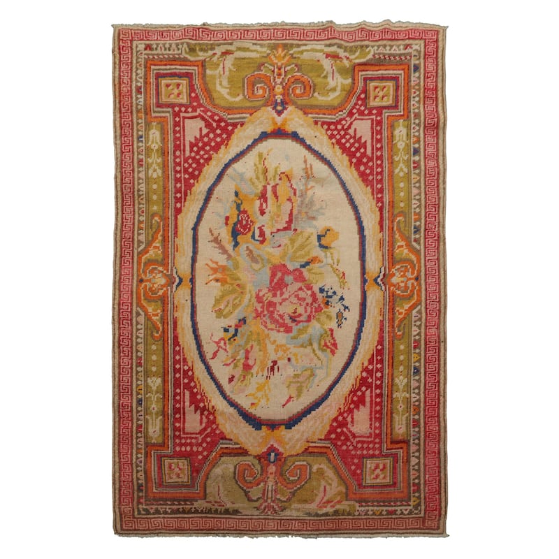 Antique Oushak Traditional 4'3''x6'7'' Hand Knotted Wool Ivory Floral Rug - 4' 3'' x 6' 7'' - 4' 3'' x 6' 7''