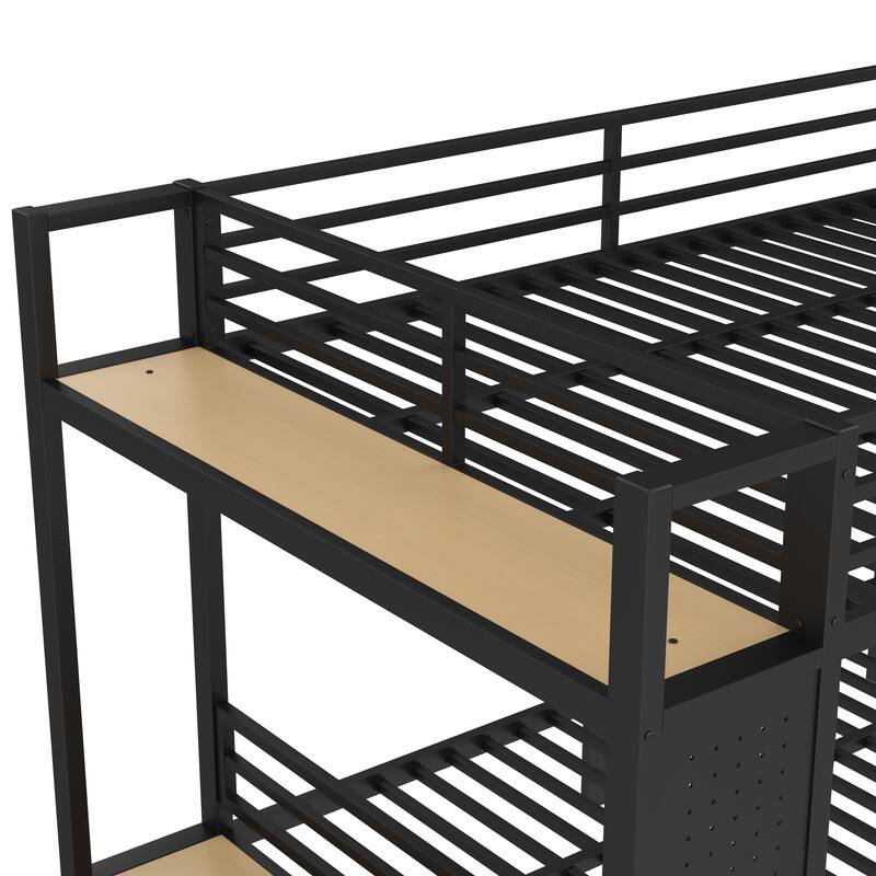 Queen over Queen size Metal Bunk Bed for Teens with Storage Shelves, Drawers and Pegboard