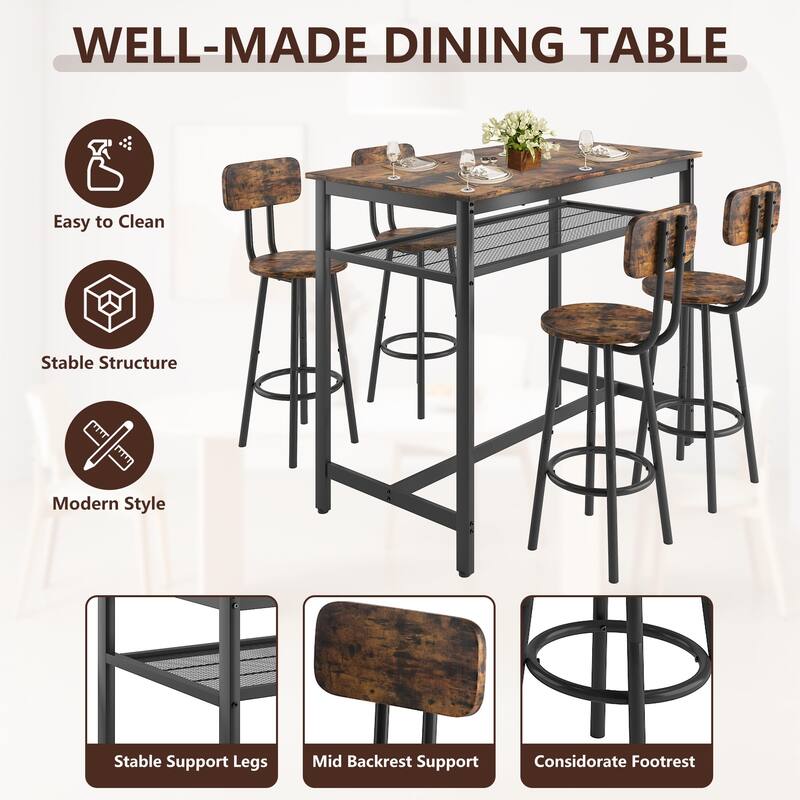 5-Piece Industrial Dining Table Set with Metal Shelf, 4 Bar Stools