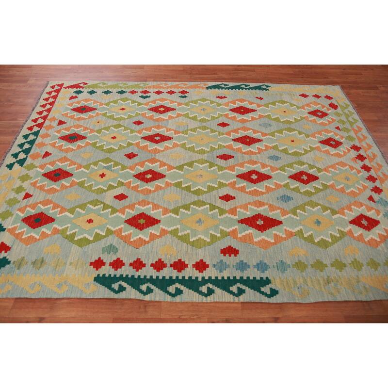Hand Woven Oriental 100% Wool Carpet Southwestern Geometric Multi-Colored Kilim Area Rug - 8' 1'' X 5' 1''