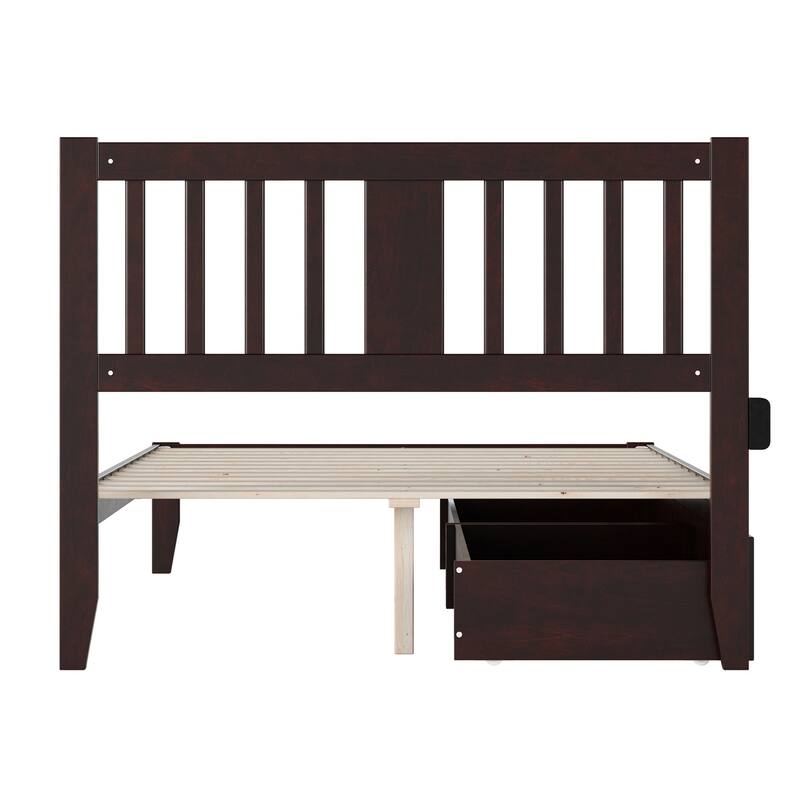 Full Bed in Espresso with 2 Underbed Drawers, Mission Slats, and Built-in Turbo Charger for Convenience