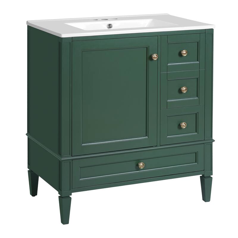 30" Bathroom Vanity with Ceramic Sink - Solid Wood Frame with 3 Drawers, Modern Bathroom Storage Cabinet