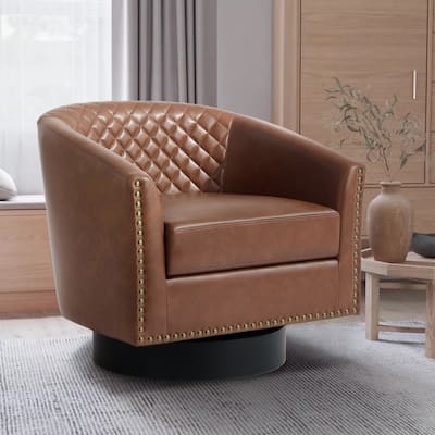 Tufted PU Vegan Leather Swivel Barrel Chair with Nailheads Trim