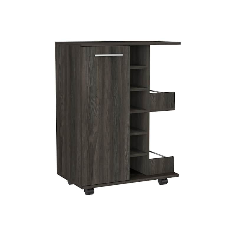 Bar Cart, Four Casters, Six Wine Cubbies, Single Door Cabinet - Espresso
