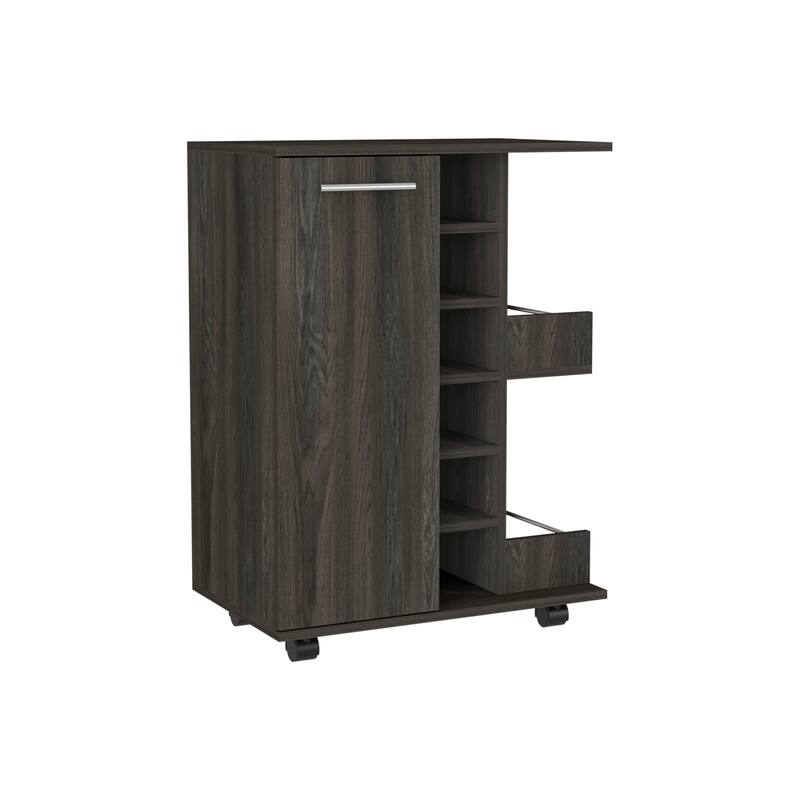 Black 32" H Bar-Coffee Cart with 6 Bottle Cubbies, 2 Open Shelves, and Locking Casters for Kitchen & Bar
