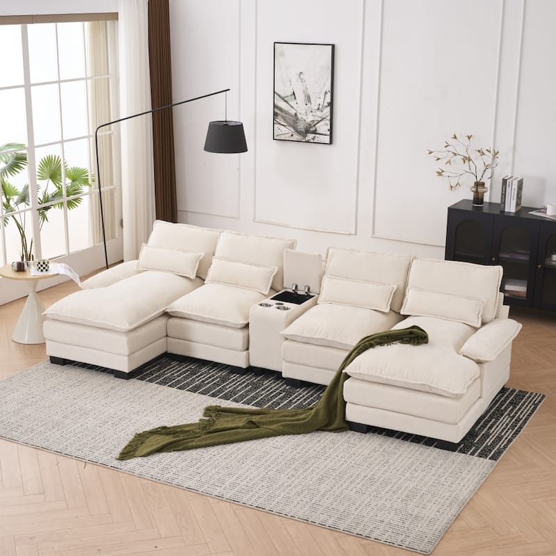 U-shaped Modern Upholstered Sectional Sofa with Storage and Cupholders, USB Ports