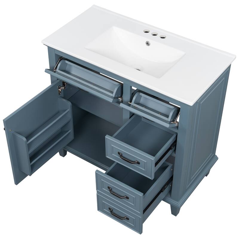 36 Inch Bathroom Vanity with Ceramic Sink Top, Solid Wood Frame, MDF & Poplar Cabinet, Flip Drawers, Adjustable Shelf