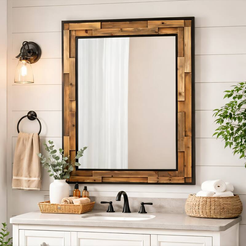 Rectangular wall-mounted mirror with a wood and metal frame, suitable for decorating living rooms and entryways