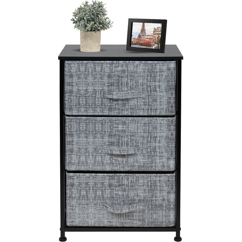 3 Drawer Nightstand Dresser Organizer Steel Frame Wood Top Fabric Bins