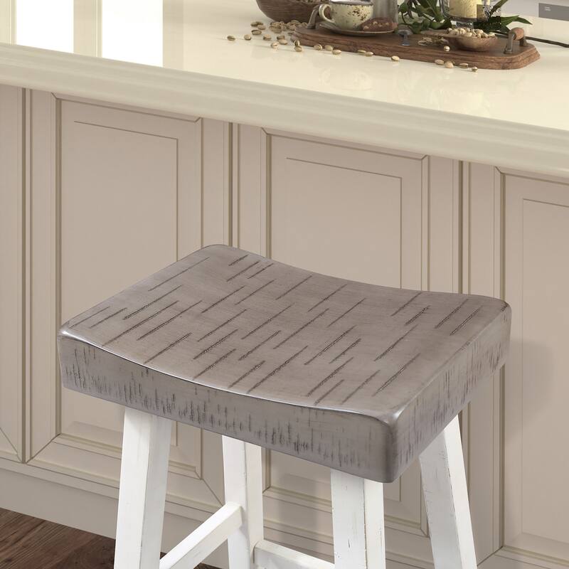 Furniture of America Barne Farmhouse Solid Wood Hefty Saddle Seat Bar Stools (Set of 2)