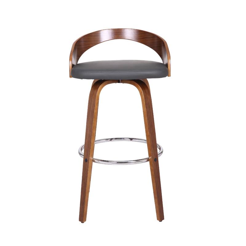 Modern 30 Inch Swivel Bar Stool with Low Back Grey Faux Leather Seat and Walnut Iron Frame - 35”H x 19”W x 19”D