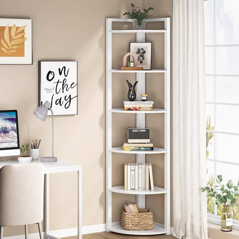 5 Tier Corner Shelves, Rustic Industrial Corner Bookshelf Bookcase - 6 Tier - White