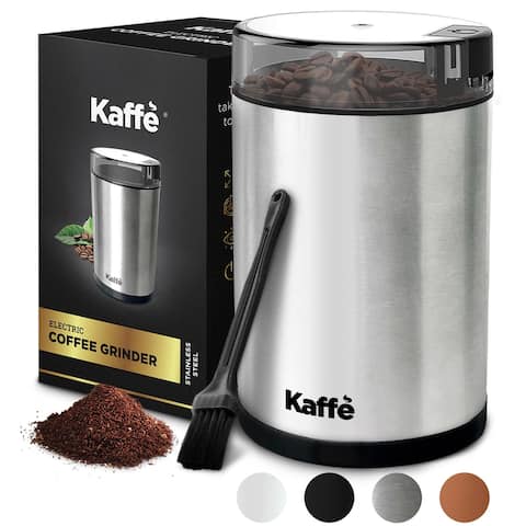 Electric Coffee Grinder by Kaffe - Stainless Steel - 3oz Capacity with Easy On/Off Button. Cleaning Brush Included!