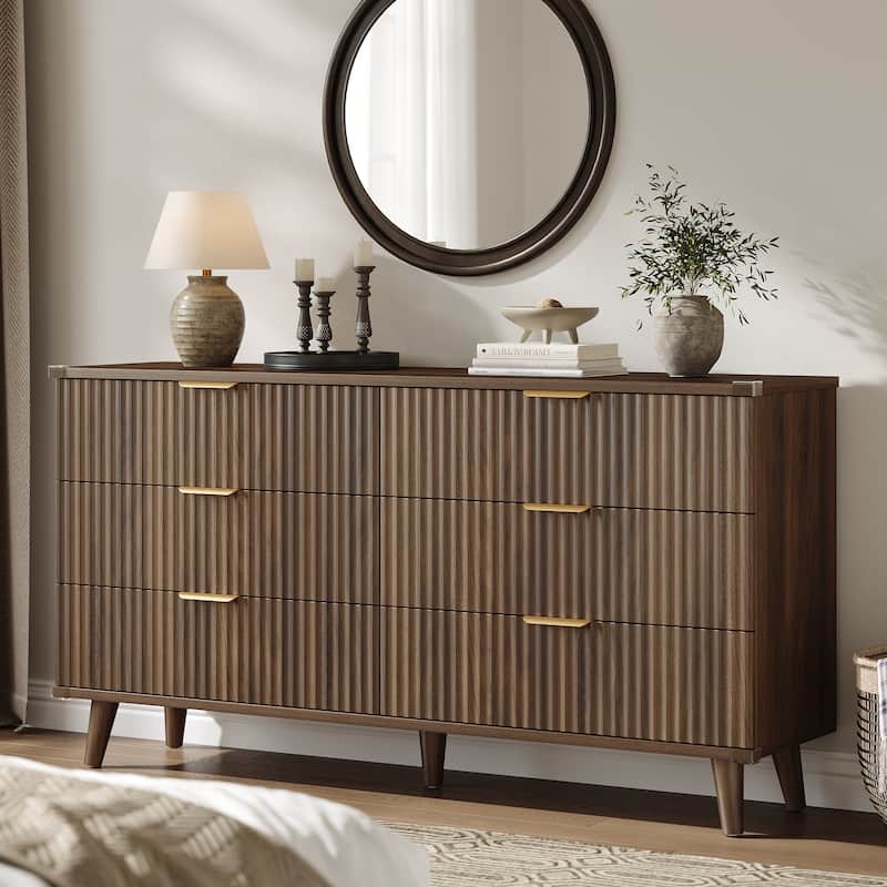 6 Drawer Dresser for Bedroom, 53" Wide Boho Fluted Dresser - Walnut