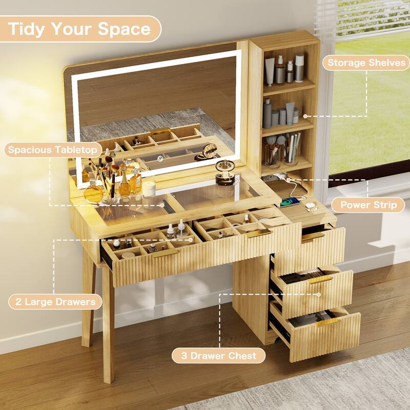 50" Makeup Vanity with 36" Lighted Mirror, 4 Dressers & Charging Station & 3 Light Modes