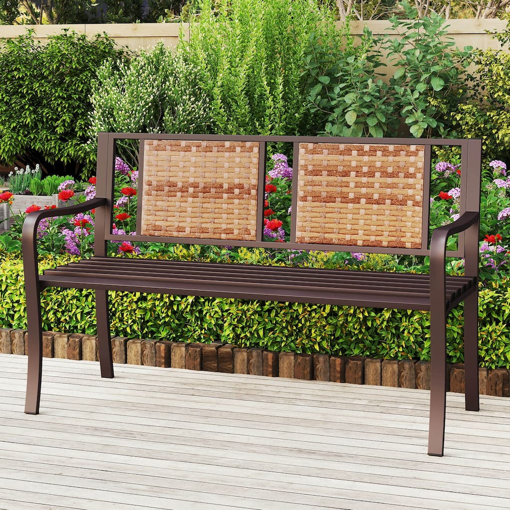 Costway Patio Garden Bench Steel Frame Rattan Backrest Park Yard - 21" x 51" x 33" (L x W x H)