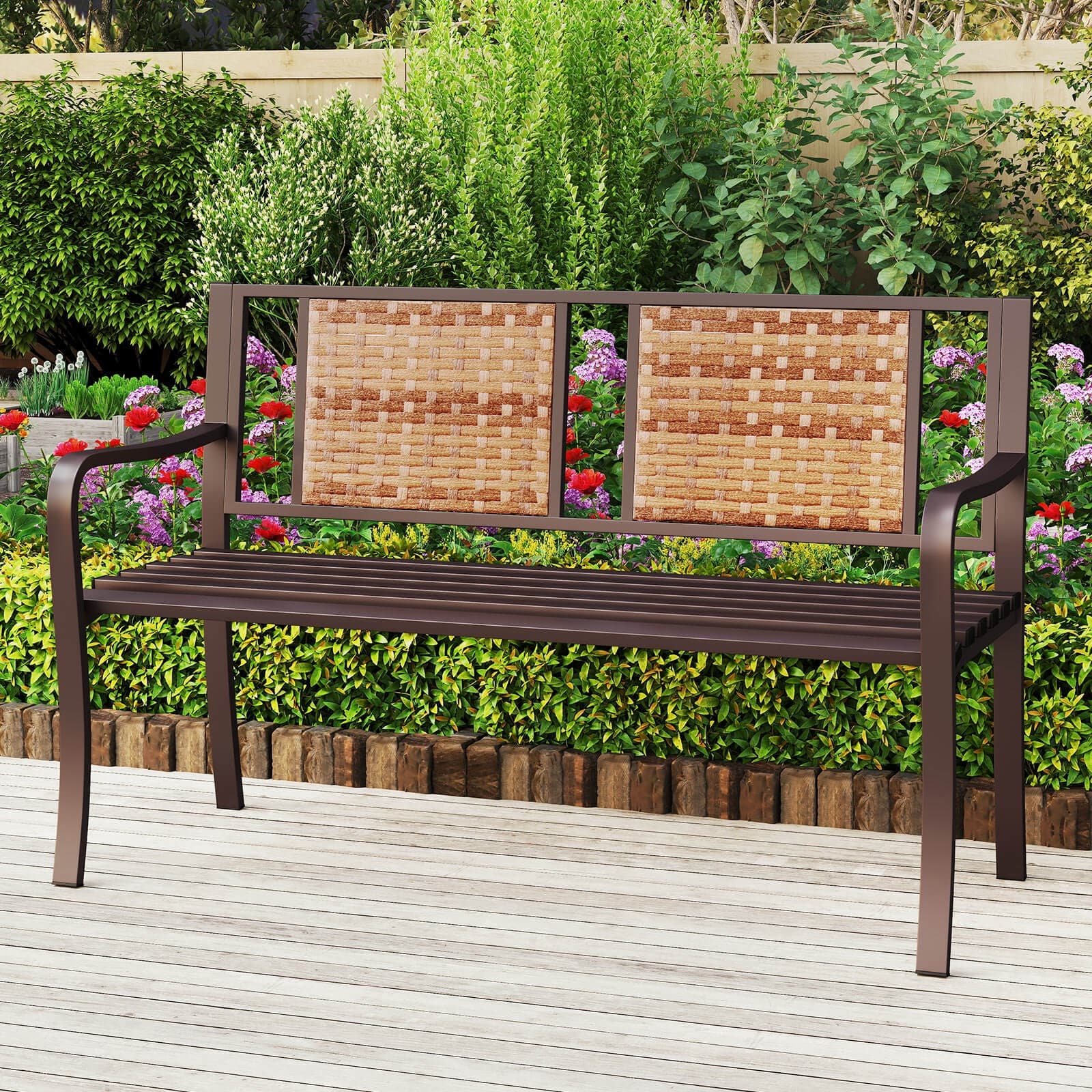 Costway Patio Garden Bench Steel Frame Rattan Backrest Park Yard - 21" x 51" x 33" (L x W x H)