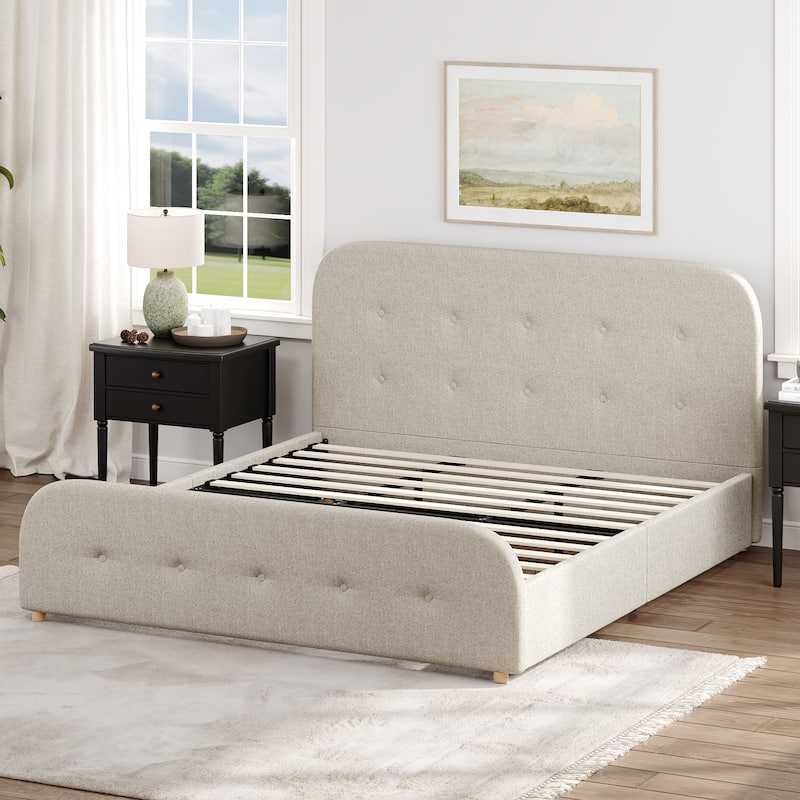 King Size Beige Linen Upholstered Platform Bed Tall Tufted Headboard & High Footboard Minimalist Storage Bed Frame w/Drawers