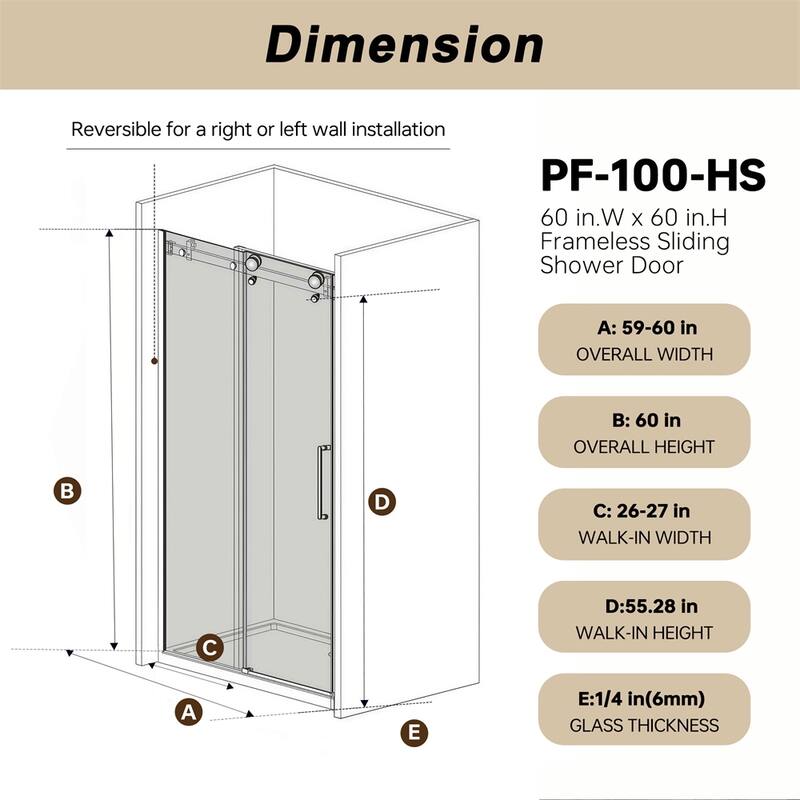 Frameless Single Sliding Shower Door 56-60 "W x 60" H,1/4 "(6 mm)