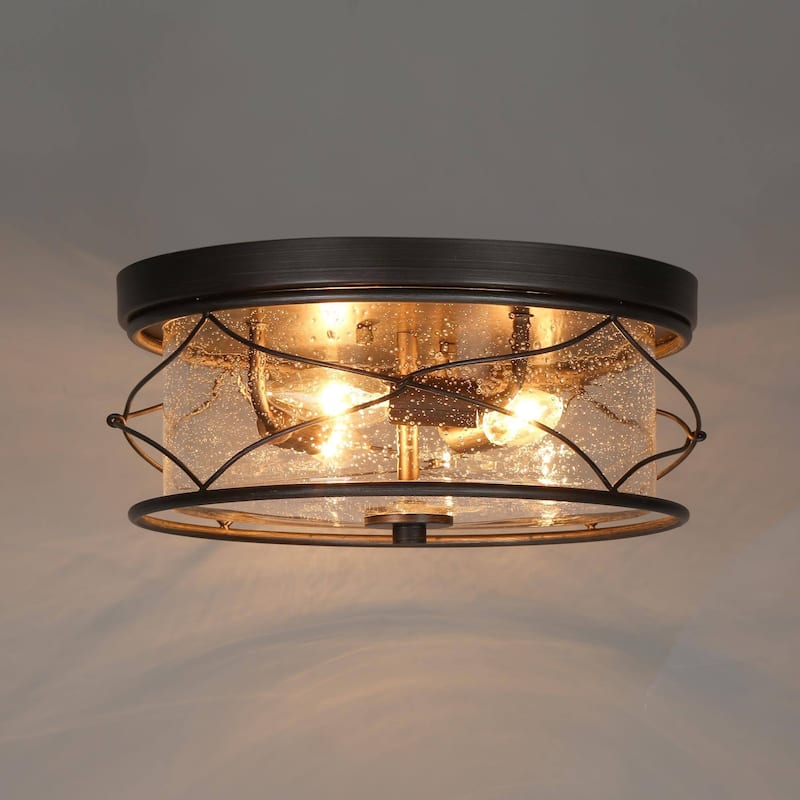 Modern 3-Light Black Silver Drum Flush Mount Light Seeded Glass Ceiling Lights for Foyer - D 13.5" x H 6"