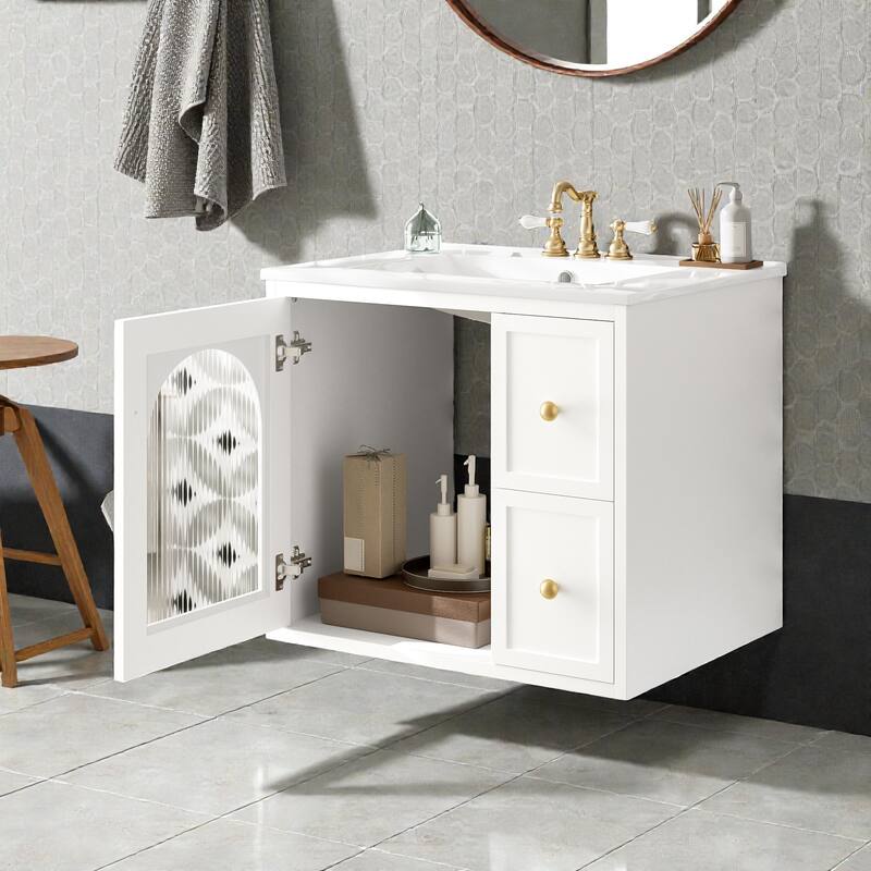 24 Inch Wall Mounted Bathroom Vanity with Ceramic Sink, Small Space Vanity Cabinet with Drawers and Door