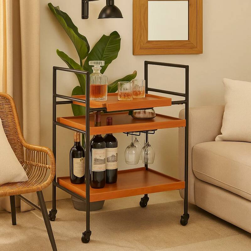Metal Frame Serving Cart with Adjustable Compartments, Oak Brown and Black