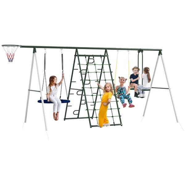 slide 2 of 8, Outsunny 528 lbs Swing Set for Backyard, 5 in 1 Heavy-Duty A-Frame Stand Outdoor Playset for Kid - Green Green