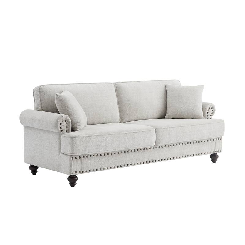 White 82'' Modern 2-Seater Upholstered Sofa with Nailhead Trim, Accent Pillows, and Sponge Cushions