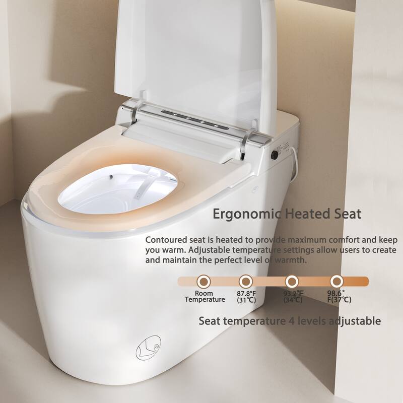 Smart Bidet Toilet with Remote, Auto Open/Close, Heated Seat, Air Dryer, Foot Sensor, cUPC - White