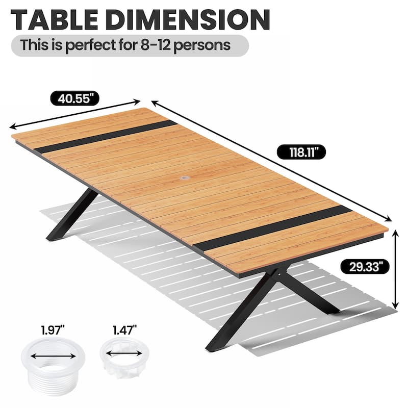 Outdoor Patio All-Weather Aluminum X-Shaped Rectangular Dining Table with Umbrella Hole