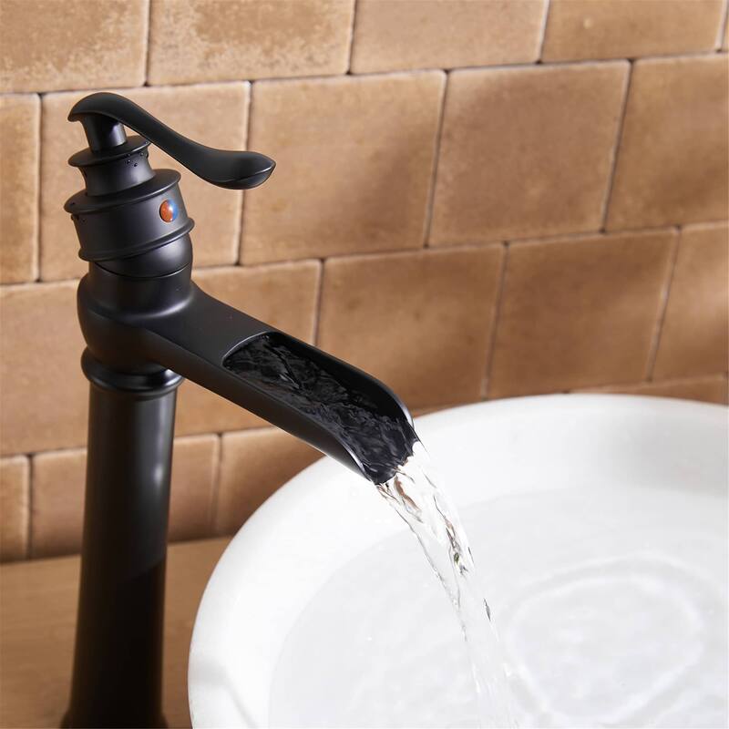 Waterfall Bathroom Vessel Faucet Single Handle Bathroon Vessel Sink Faucets Single Hole High Modern Basin Vanity High Taps - Matte Black