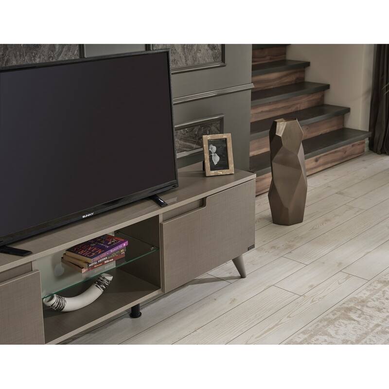 FurnisHome Store Luxia Mid Century Modern Tv Stand 2 Sliding Door Cabinet 2 Shelves 67 inch Tv Uni, White