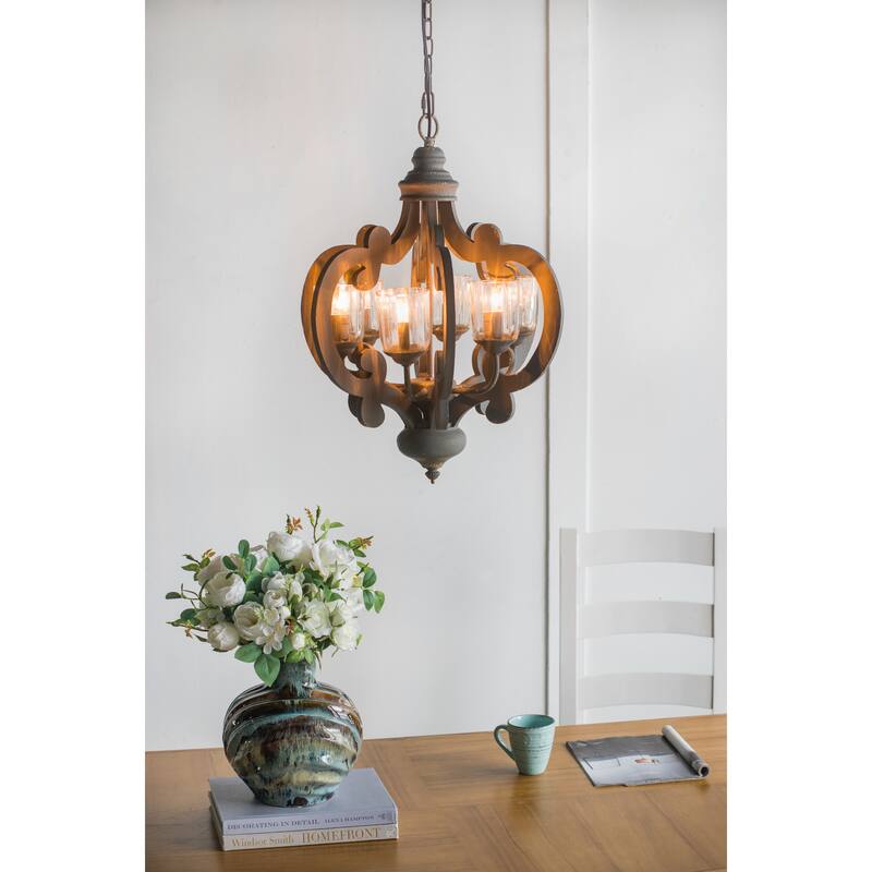6-Light Wood Chandelier Pendant Light Fixture with Adjustable Chain for Living Room, Exquisite Chandelier Lighting