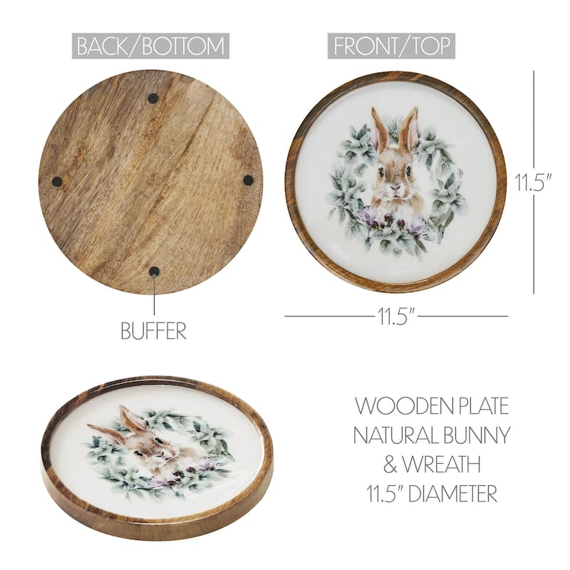 Bunny Hop Wooden Plate Natural w/ Bunny & Wreath 11.5 inch Diameter