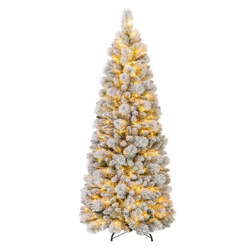 Costway 6/7 FT Flocked Christmas Tree with Pine Needles 517/680 Branch - 6 Foot
