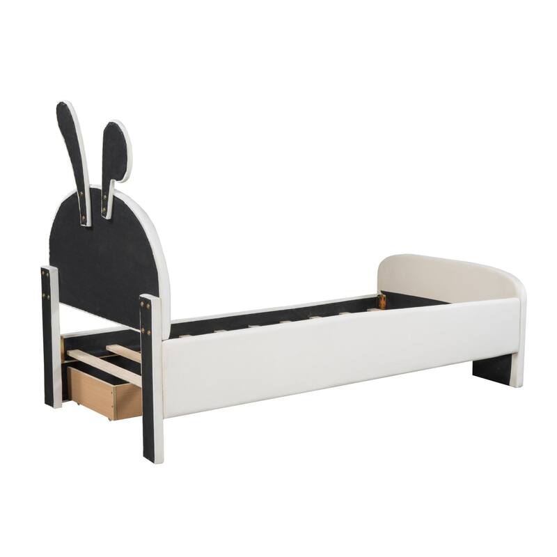 Velvet platform bed with stylized headboard