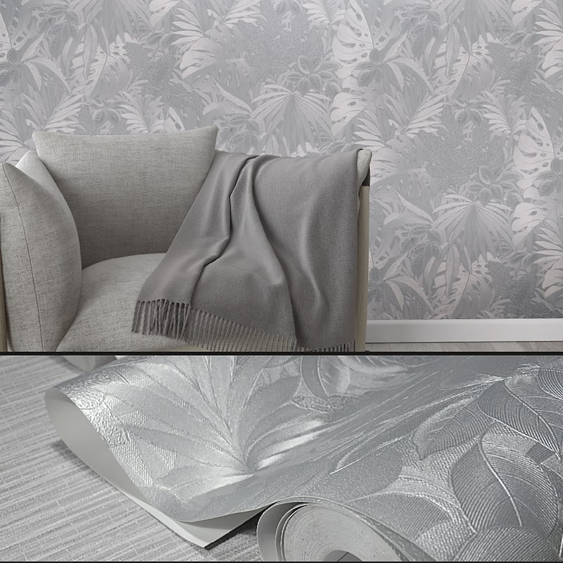 Galerie Wallcoverings Eden Collection Metallic Jungle Leaves Vinyl on Non-Woven Wallpaper Roll