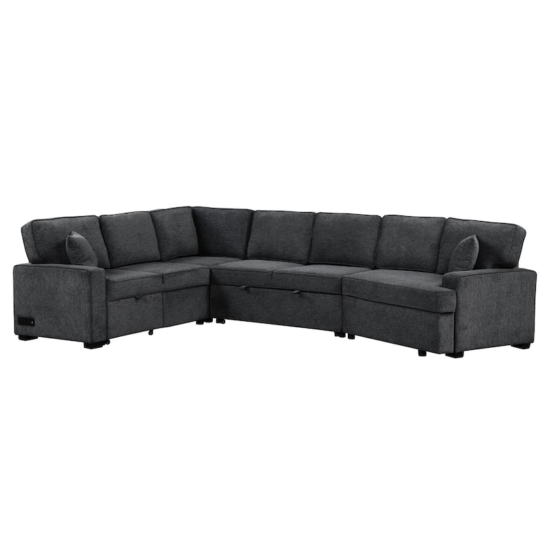 126" L-shaped Blue Black Pull-out Sectional Sofa Bed with Chargers, Cup Holders, Chenille Upholstery