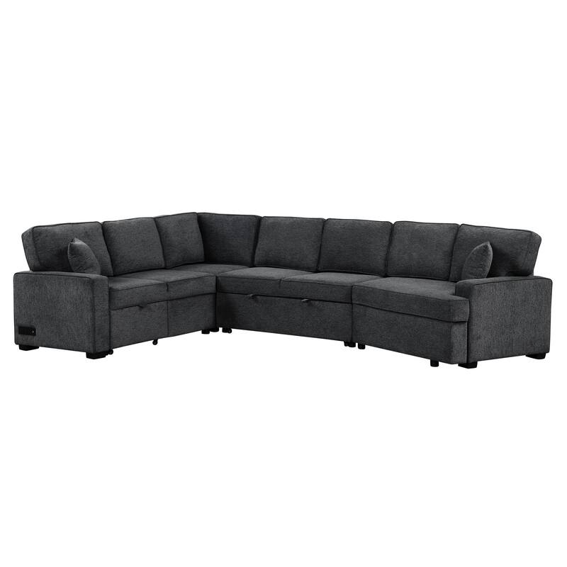 Modern L-Shaped Sectional Sofa with Pull-Out Bed, USB Ports and Drop-Down Cup Holder Tables for Living Room