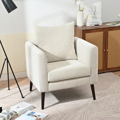Chenille Fabric Upholstered Armchair with Waist Pillow and Wood Legs