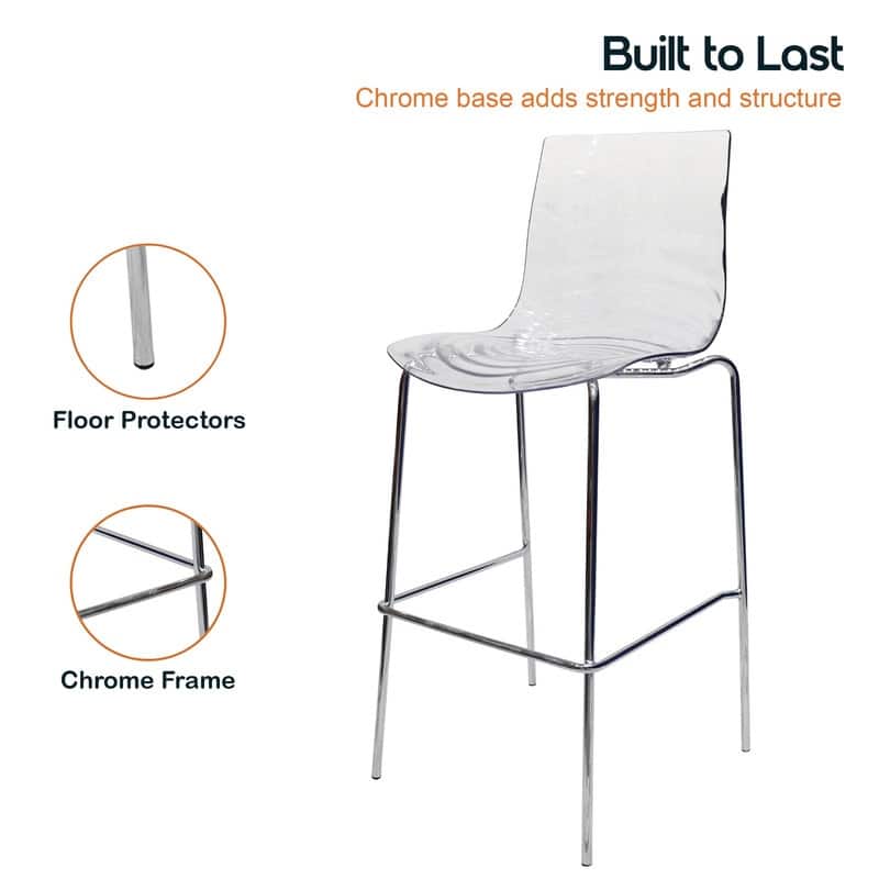 Astor Modern Plastic Bar Stool Chrome Steel Base Counter Stool with Ripple Swirl Seat Design and Footrest